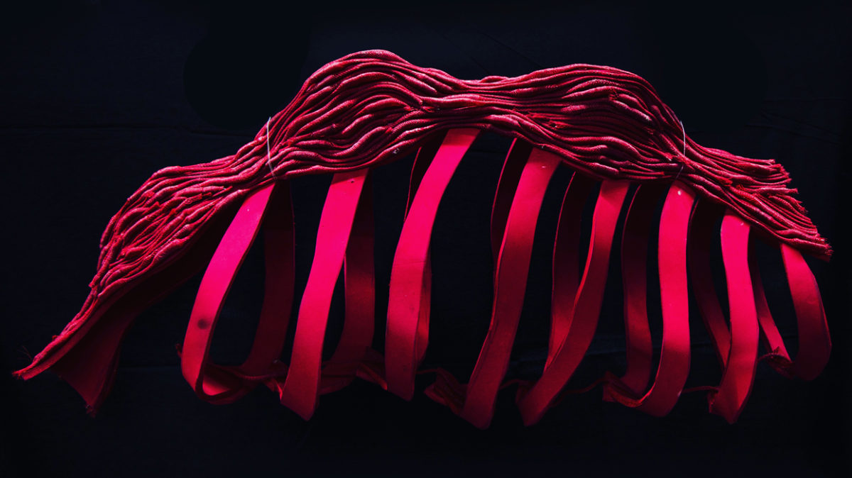 Sculptural interpretation of the human rib-cage and spinal cord.