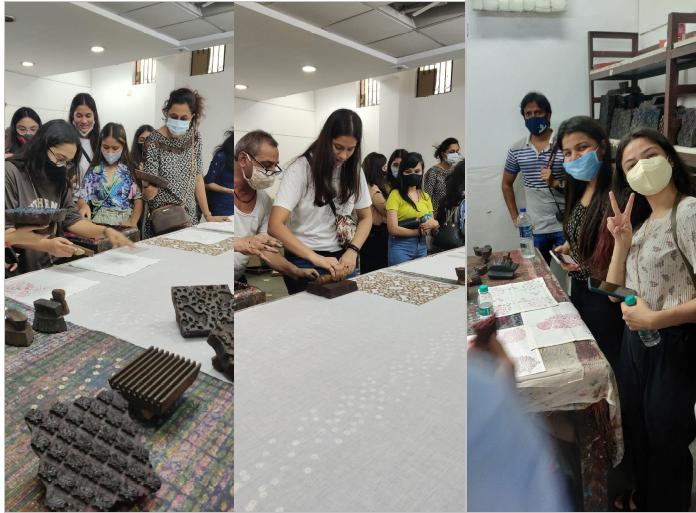 Students participating in a block printing session