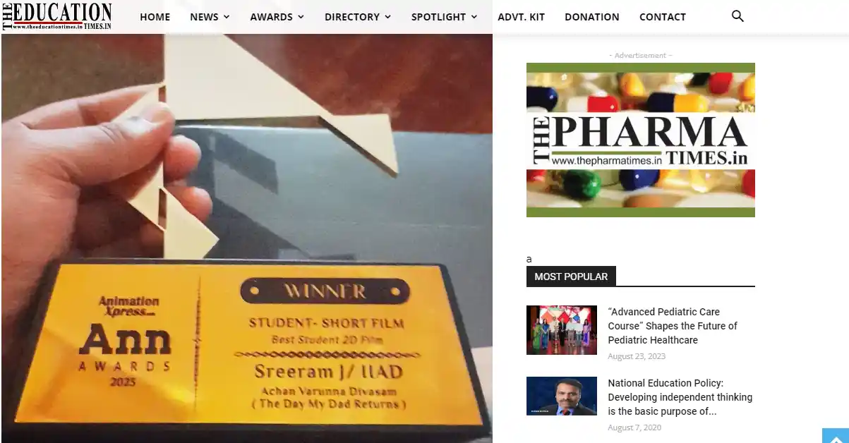 Education Times, Pharma Times publishes Sreeram Jayaram winning Animation Xpress ANN Award 2023