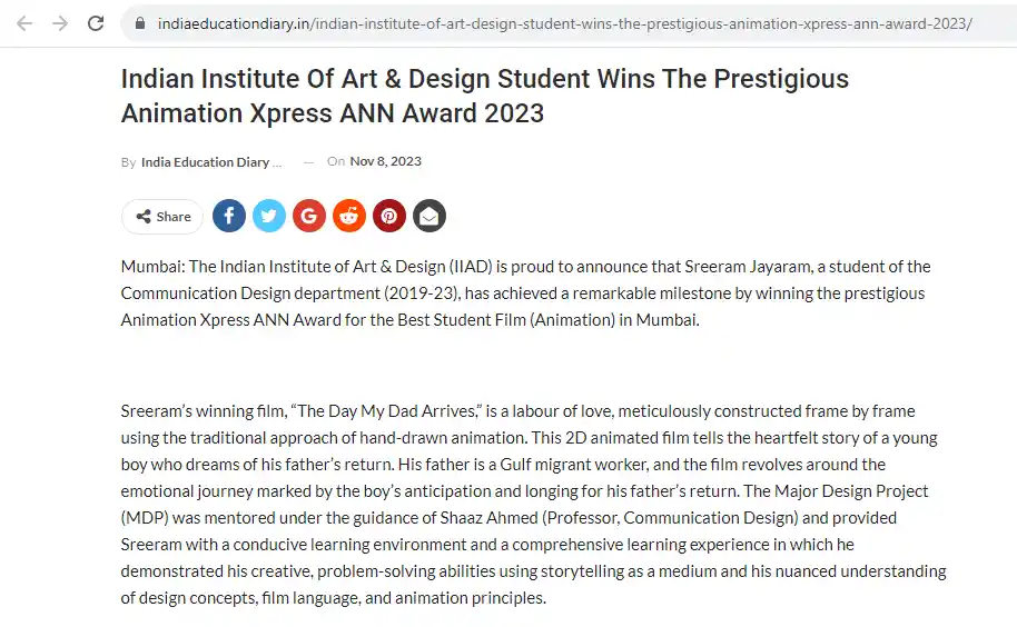  India Education Diary publishes Sreeram Jayaram winning Animation Xpress ANN Award 2023
