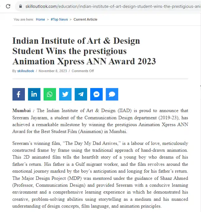 Skill Outlook publishes Sreeram Jayaram winning Animation Xpress ANN Award 2023