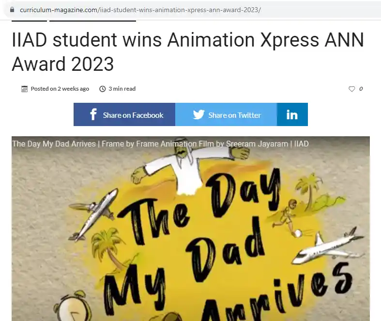 Curriculum Magazine publishes Sreeram Jayaram winning Animation Xpress ANN Award 2023