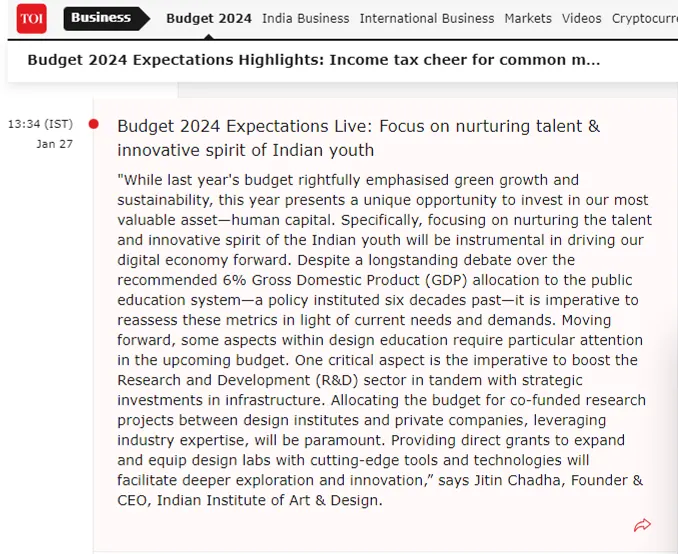  TOI, Business Standard, Your Story, The Hans India, Zee Business & ET Education feature Dr. Jitin Chadha Thoughts on Budget 2024 Expectations
