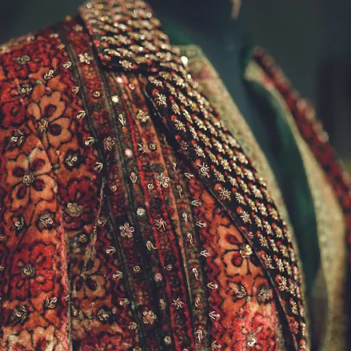 Vegetable dye prints, paisley patterns and gold Dabka work by Ritu Kumar, Indian Fashion Designer
