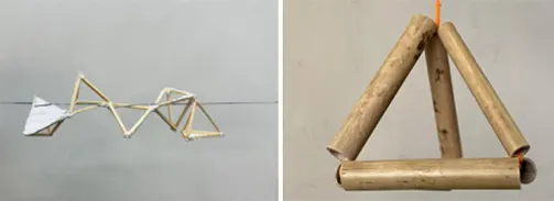 (L) Tetrahedron prototype, (R) Suspending the tetrahedron cluster