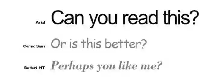 different fonts (arial, comic sans, bodoni MT)
