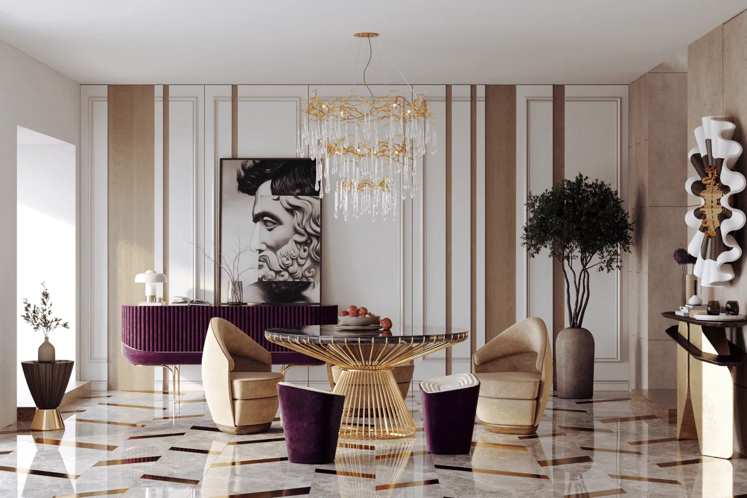 Luxurious modern dining room showcasing 2025 interior design trends