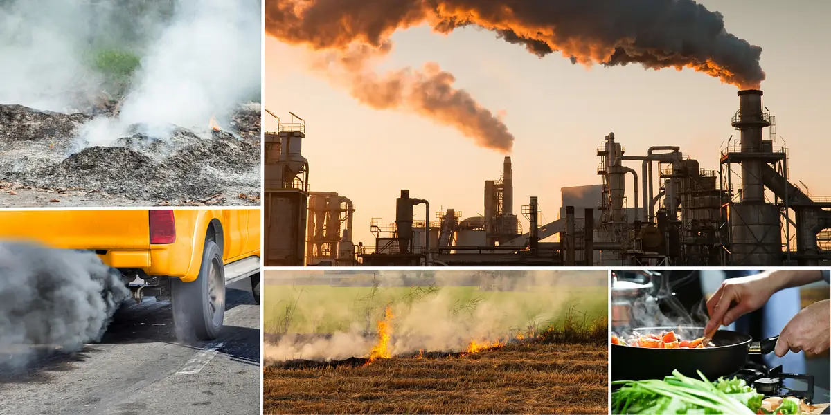 Sources of air pollution including vehicles and industry