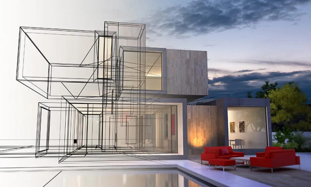 3D architectural rendering of a modern house