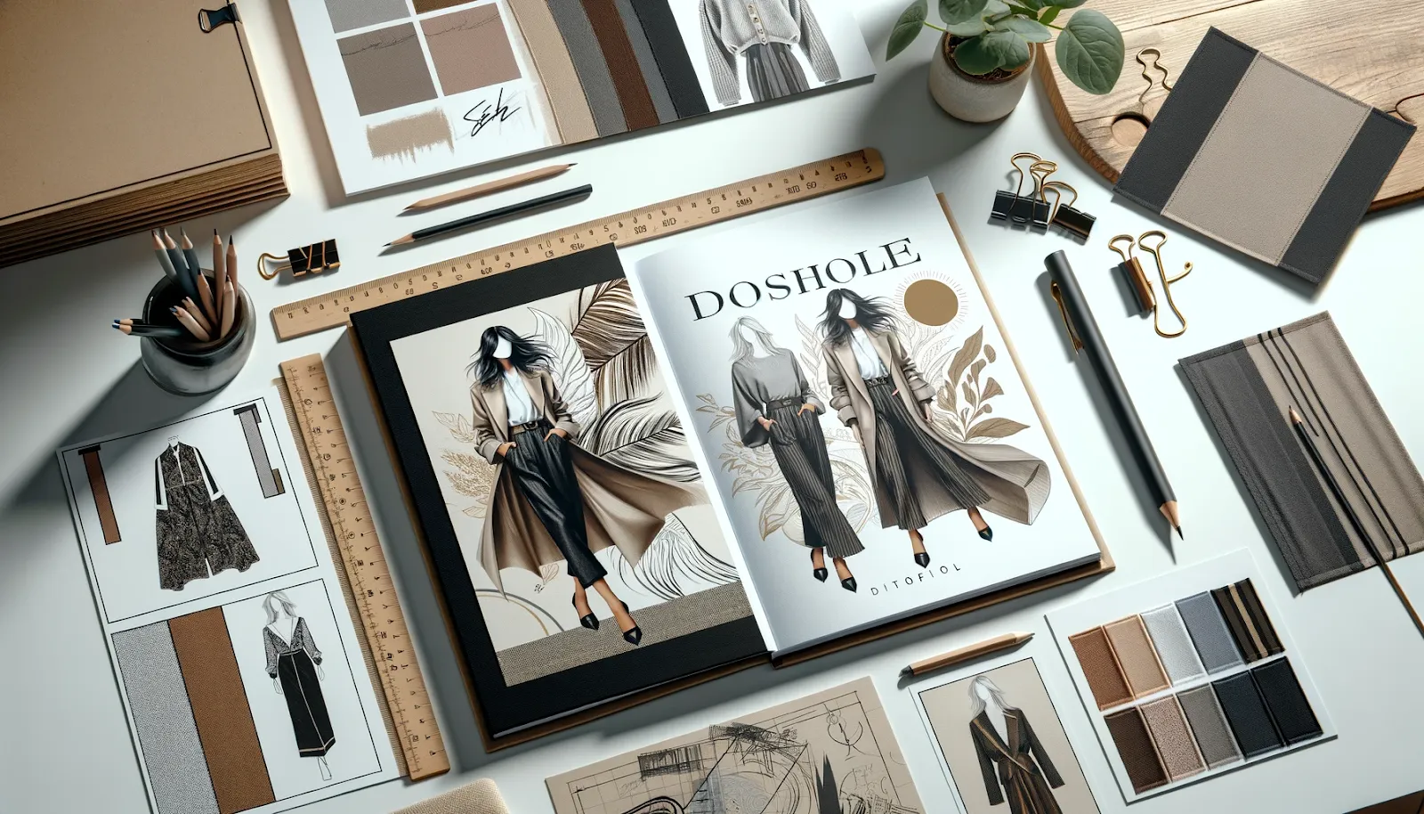 Fashion designer's desk with sketches and materials