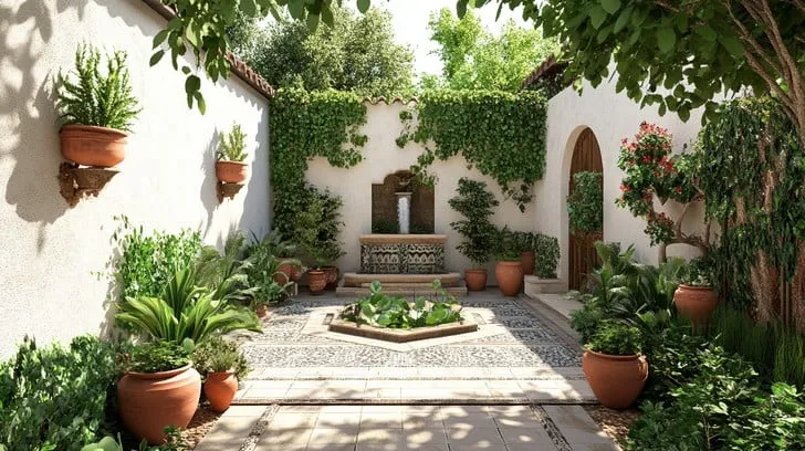 Mediterranean-style courtyard garden with terracotta pots, lush greenery, and central water fountain.