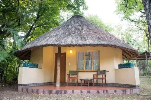 Traditional thatched-roof hut with veranda seating in a lush green forest setting.