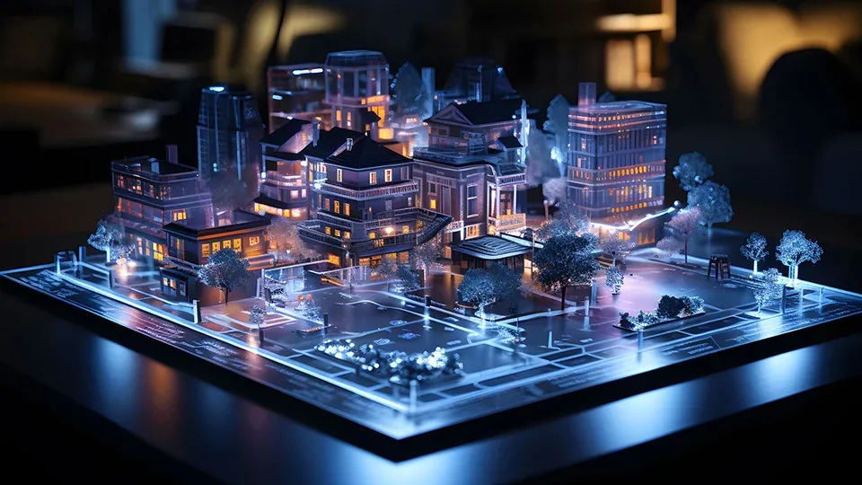 Illuminated architectural model of a modern urban cityscape with buildings, streets, and trees on a digital display table.