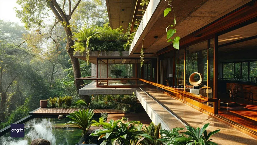 Modern sustainable house with large glass windows, surrounded by lush greenery and an outdoor pond, blending architecture with nature.