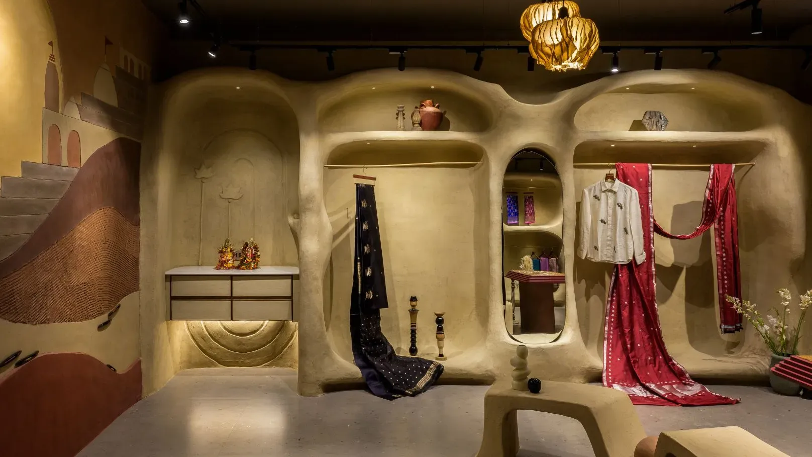 Ethnic Indian clothing store interior with organic mud-inspired walls, traditional sarees, handcrafted decor, and ambient lighting.