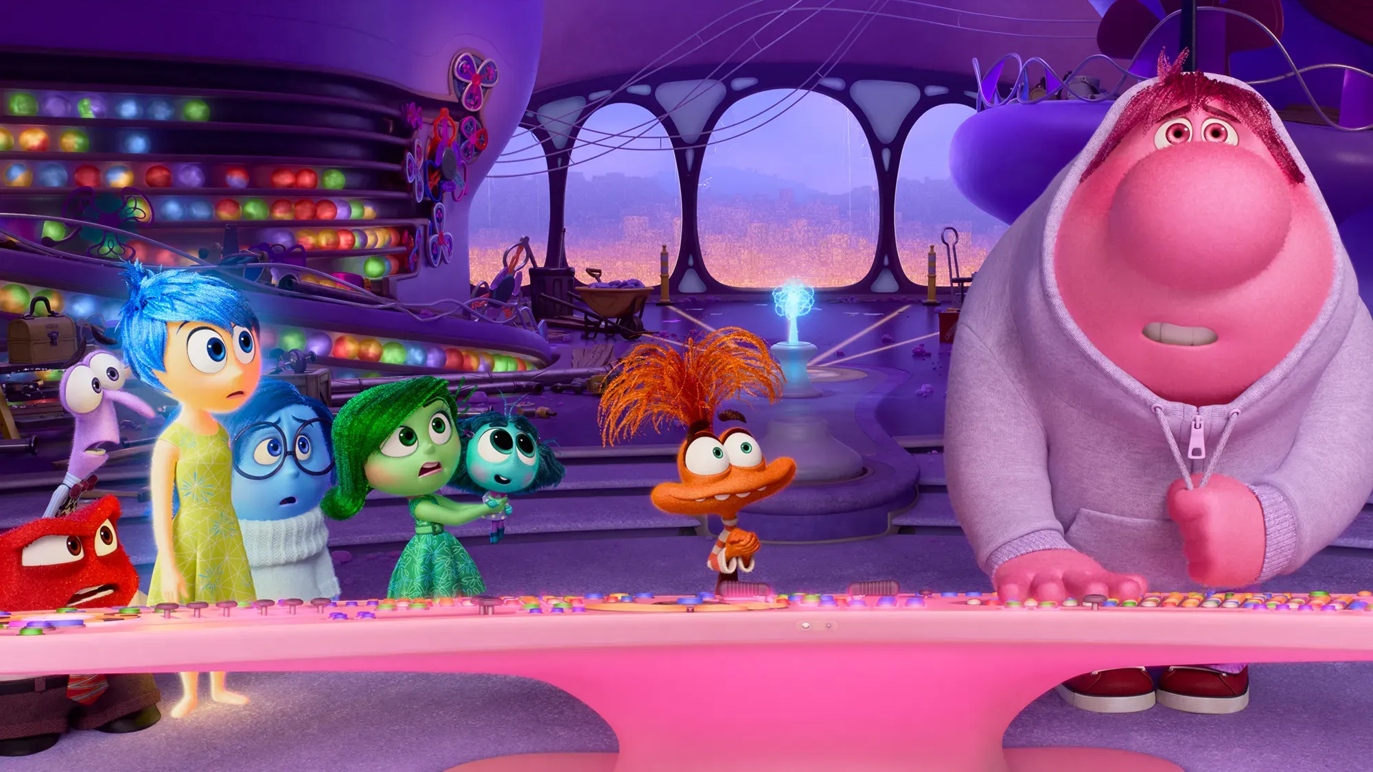 Animation still depicting emotions inside the human mind, inspired by 'Inside Out' film.