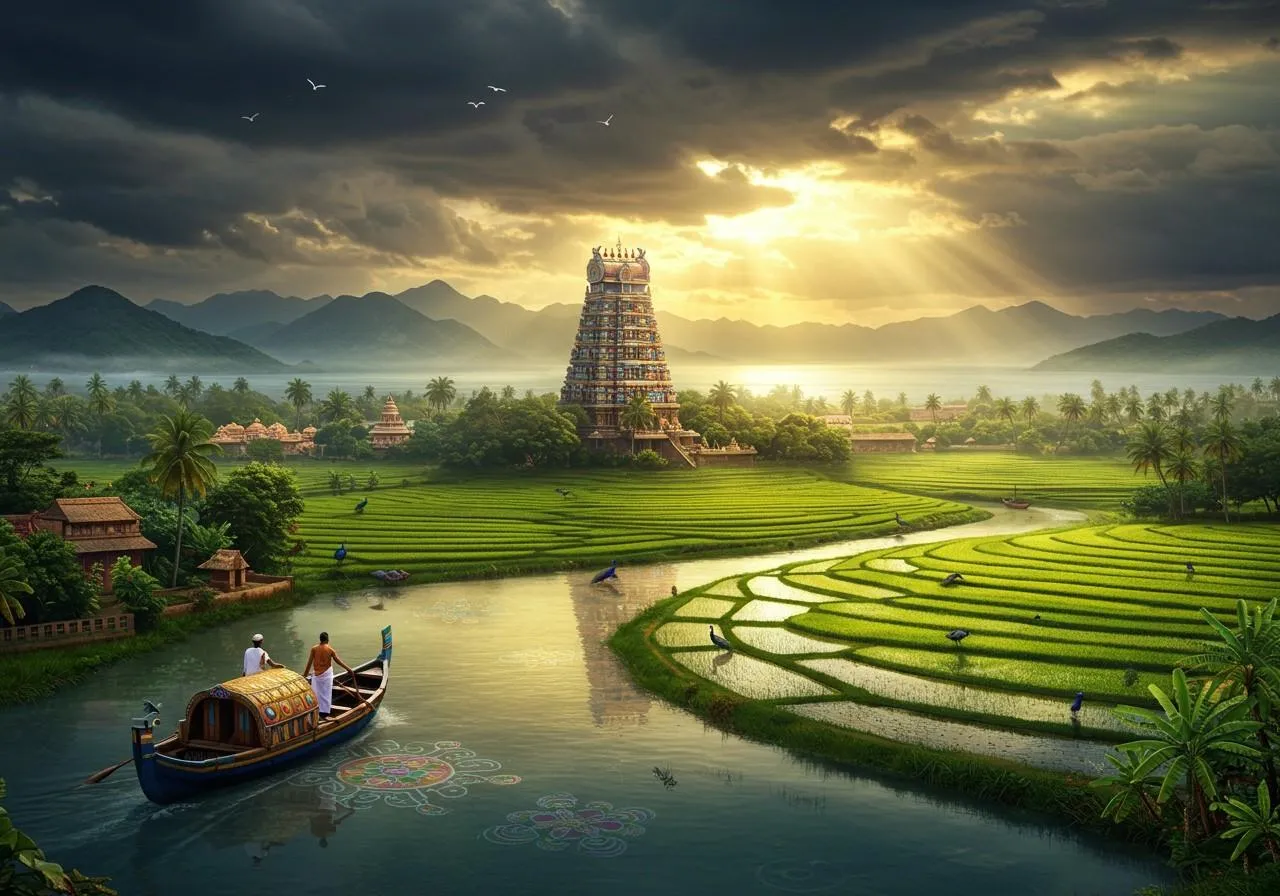 Traditional South Indian temple surrounded by lush green rice fields, river with decorated boat, and scenic mountain landscape at sunrise.