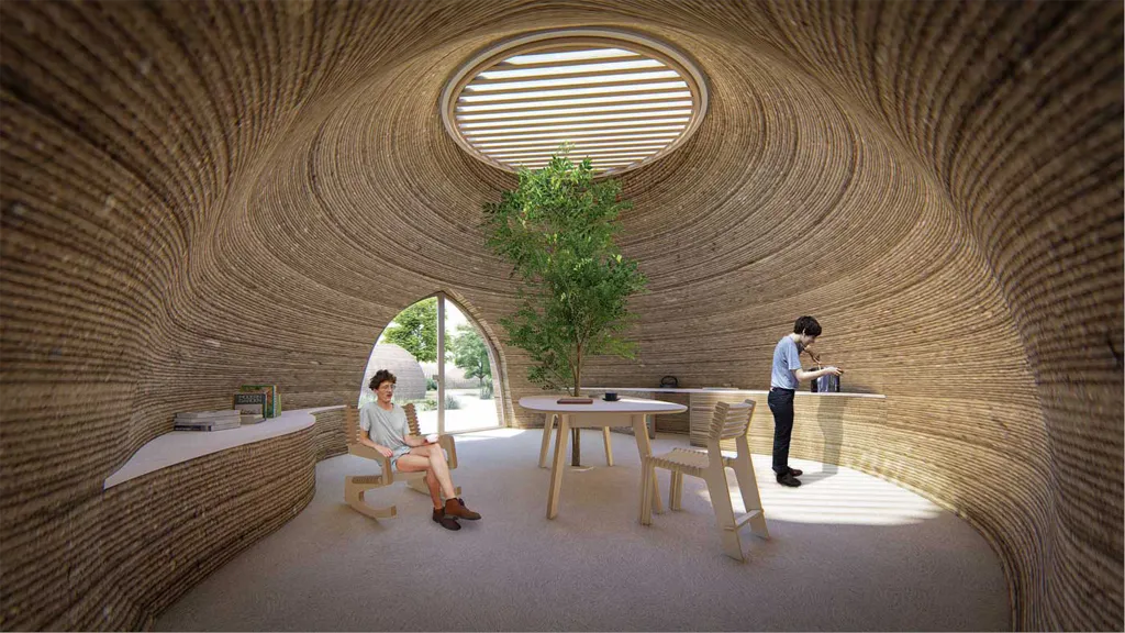 Futuristic 3D-printed earthen house interior with organic curved walls, skylight, and sustainable furniture design.