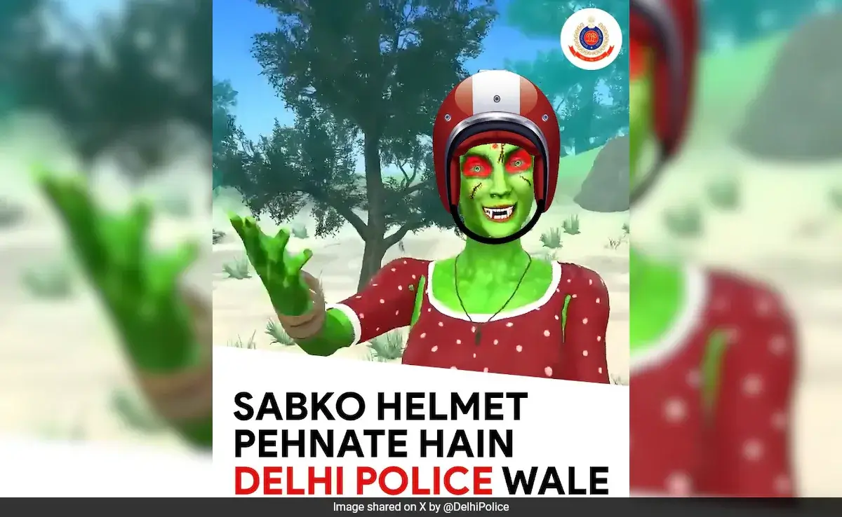 Animated character with green face wearing a helmet promoting helmet use by Delhi Police in a safety message.