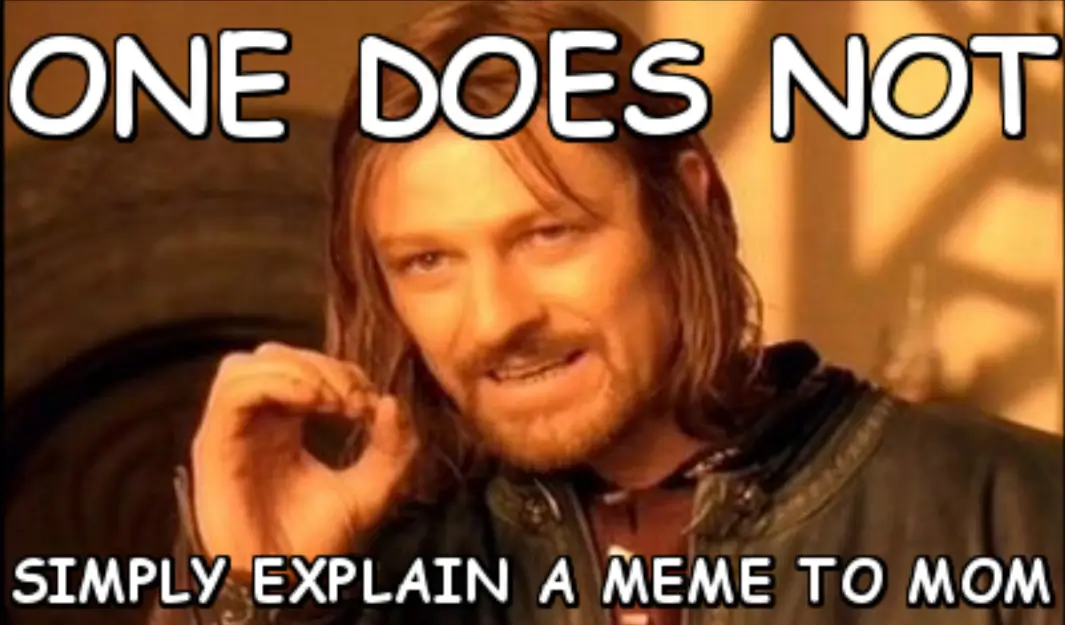 Boromir from Lord of the Rings meme saying one does not simply explain a meme to mom.